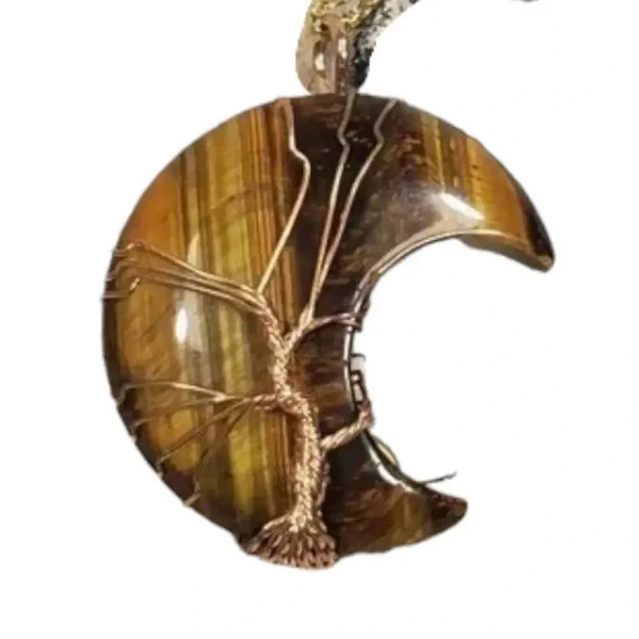 Tigers Eye Golden Wire Wrapped Half Moon Pendant with 18in Chain. - Picture 2 of 5